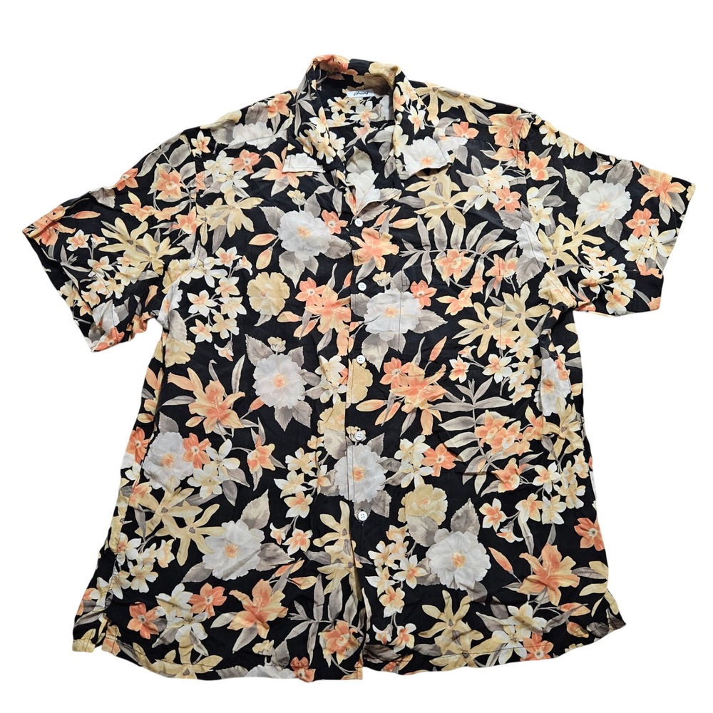 Brioni Floral Button Front Shirt Large Black Orange Made in Italy Rayon Aloha